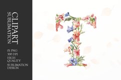 Watercolor floral letter T clipart sublimation png Product Image 1
