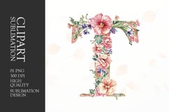 Watercolor floral letter T clipart sublimation png Product Image 1