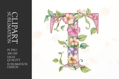 Watercolor floral letter T clipart sublimation png Product Image 1