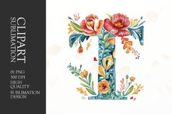 Watercolor floral letter T clipart sublimation png Product Image 1