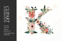 Watercolor floral letter K clipart sublimation png Product Image 1