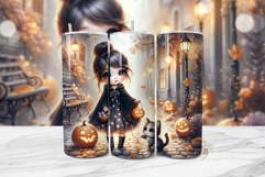 Cute Girl with Cat Fall Tumbler Wrap PNG Product Image 1