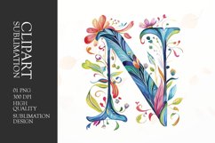 Watercolor floral letter N clipart sublimation png Product Image 1