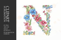 Watercolor floral letter N clipart sublimation png Product Image 1
