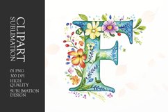 Watercolor floral letter F clipart sublimation png Product Image 1