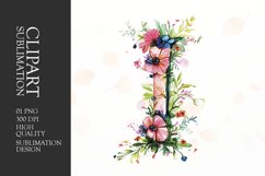 Watercolor floral letter I clipart sublimation png Product Image 1
