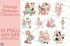 Vintage Pinkmas Clipart PNG Retro Pink Santa Characters Product Image 1