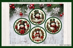 "Set of 4 round Christmas ornaments hanging on a decorated tree, each featuring a smiling snowman in a plaid scarf and top hat surrounded by poinsettias, holly, pine cones, and red ribbon bows on a white background with forest green border."