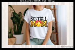 Faux embroidery MOM softball PNG design featuring bold yellow stitched letters, a central yellow softball with red stitching, and a red preppy white polka dot bow, perfect for softball mom game day shirts.