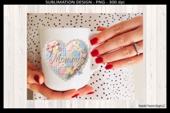 "Patchwork heart with pastel pink, blue, and yellow quilt squares, decorated with lace trim, flowers, butterflies, pink bow, and pearl lettering spelling 'Mommy' – digital sublimation PNG and JPEG for Mother's Day DIY gifts, cards, shirts, and mugs."