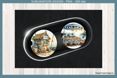 Seaside seafood market stand under striped umbrella with fish, shellfish baskets, and ocean harbor background coastal sublimation design