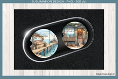 Fishing dock seafood stand with fresh fish display, wooden pier, seagulls, and ocean boat nautical car coaster sublimation PNG