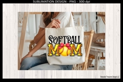 Faux embroidery MOM softball PNG design featuring bold yellow stitched letters, a central yellow softball with red stitching, and a red preppy white polka dot bow, perfect for softball mom game day shirts.