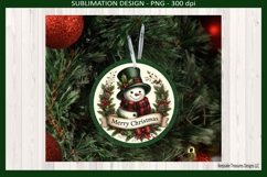 "Set of 4 round Christmas ornaments hanging on a decorated tree, each featuring a smiling snowman in a plaid scarf and top hat surrounded by poinsettias, holly, pine cones, and red ribbon bows on a white background with forest green border."