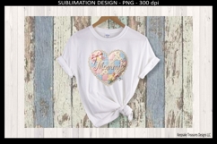 "Patchwork heart with pastel pink, blue, and yellow quilt squares, decorated with lace trim, flowers, butterflies, pink bow, and pearl lettering spelling 'Mommy' – digital sublimation PNG and JPEG for Mother's Day DIY gifts, cards, shirts, and mugs."
