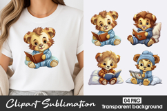 Cute Reading Bear Watercolor Clipart PNG Product Image 1