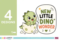 Cute green baby dinosaur hatching from an egg with New Little Dino Wonder phrase