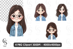 Cute Kawaii Girl Clipart with Glasses PNG Product Image 1