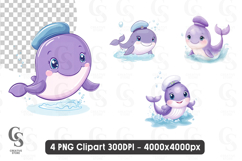 Cute Baby Whale in Sailor Hat Clipart PNG Product Image 1