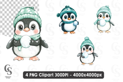 Cute Winter Penguin with Snowball Cartoon Clipart Product Image 1