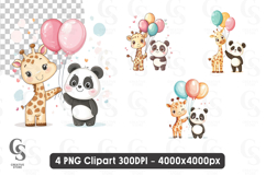 Cute Giraffe and Panda with Balloons Clipart PNG Product Image 1