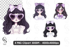 Anime Girl Clipart with Heart Glasses and Bow PNG Product Image 1