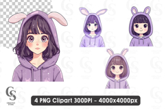 Cute Anime Girl in Purple Bunny Hoodie Clipart PNG Product Image 1