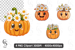 Cute Kawaii Pumpkin with Flowers and Smiling Face Clipart Product Image 1