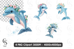 Cute Kawaii Dolphin with Flowers Clipart PNG Product Image 1