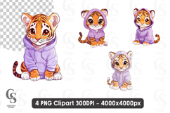 Cute Baby Tiger in Purple Hoodie Clipart Product Image 1