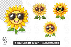 Cute Kawaii Sunflower with Sunglasses Cartoon Clipart PNG Product Image 1