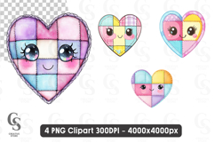 Cute Kawaii Patchwork Heart with Smiling Face Clipart PNG Product Image 1