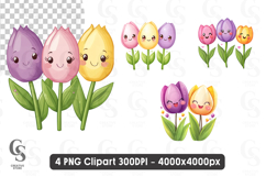Cute Kawaii Tulip Flowers Clipart PNG Sublimation Product Image 1