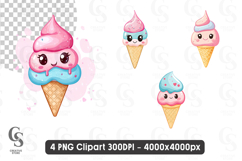 Cute Kawaii Ice Cream Clipart PNG Product Image 1
