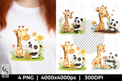 Cute Giraffe and Panda with Flowers Clipart Sublimation PNG Product Image 1