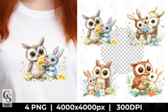 Cute Owl and Bunny Flower Clipart Sublimation PNG Product Image 1