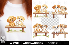 Cute Puppies and Kitten on Bench Clipart Sublimation PNG Product Image 1