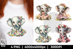 Cute Baby Elephant in Floral Dress Clipart Sublimation PNG Product Image 1