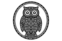 Lino-Cut Owl Folk Art - Black Ink Block Print Clipart Product Image 1