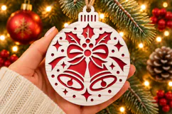 New Year Bell Ornament SVG, Laser Cut Holly Bow Bauble Product Image 2
