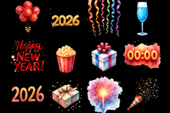 New Year Clipart PNG, Festive Party Clipart, Watercolor Celebration Clipart, 2026 Number Illustration, Sparkling Confetti Clipart, Glitter Firework Clipart, Colorful Balloon Clipart, Countdown Clock PNG, Party Hat Watercolor, Ribbon Swirl Clipart, Wrapped