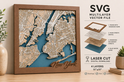 New York USA Layered City Map SVG | 4 Layer Laser Cut SVG Product Image 1