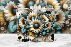 Teal Sunflower Cowhide Tumbler PNG | 20oz Wrap File Product Image 1