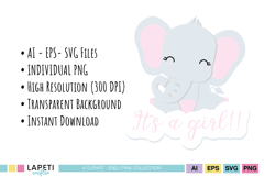 Cute elephant holding an It’s a Girl balloon for birth story pages and newborn scrapbook layouts