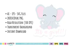 Cute elephant holding an It’s a Girl balloon for birth story pages and newborn scrapbook layouts