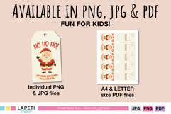 Printable Christmas tags available in PNG JPG PDF, Santa design with “Ho Ho Ho” and North Pole label, fun for kids and families.