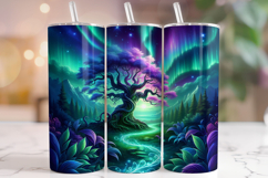 Neon Northern Lights Forest Tumbler Wrap Sublimation PNG Product Image 1