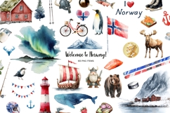 Watercolor Norway clipart Norwegian items and symbols Product Image 1