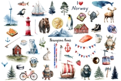 Watercolor Norway clipart Norwegian items and symbols Product Image 2