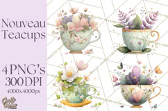 Art Nouveau Teacups and Teapots Clipart PNG Product Image 1